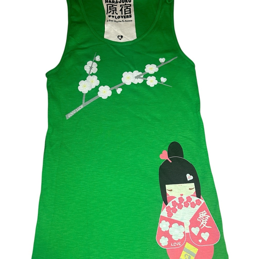 Harajuku Lovers Bright Green Tank with Pink Geisha Motif
